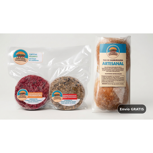 Combo Completo de Seta Burguer con hamburguesas veganas de orellana y pan artesanal. Incluye envío y está listo para preparar en minutos.
