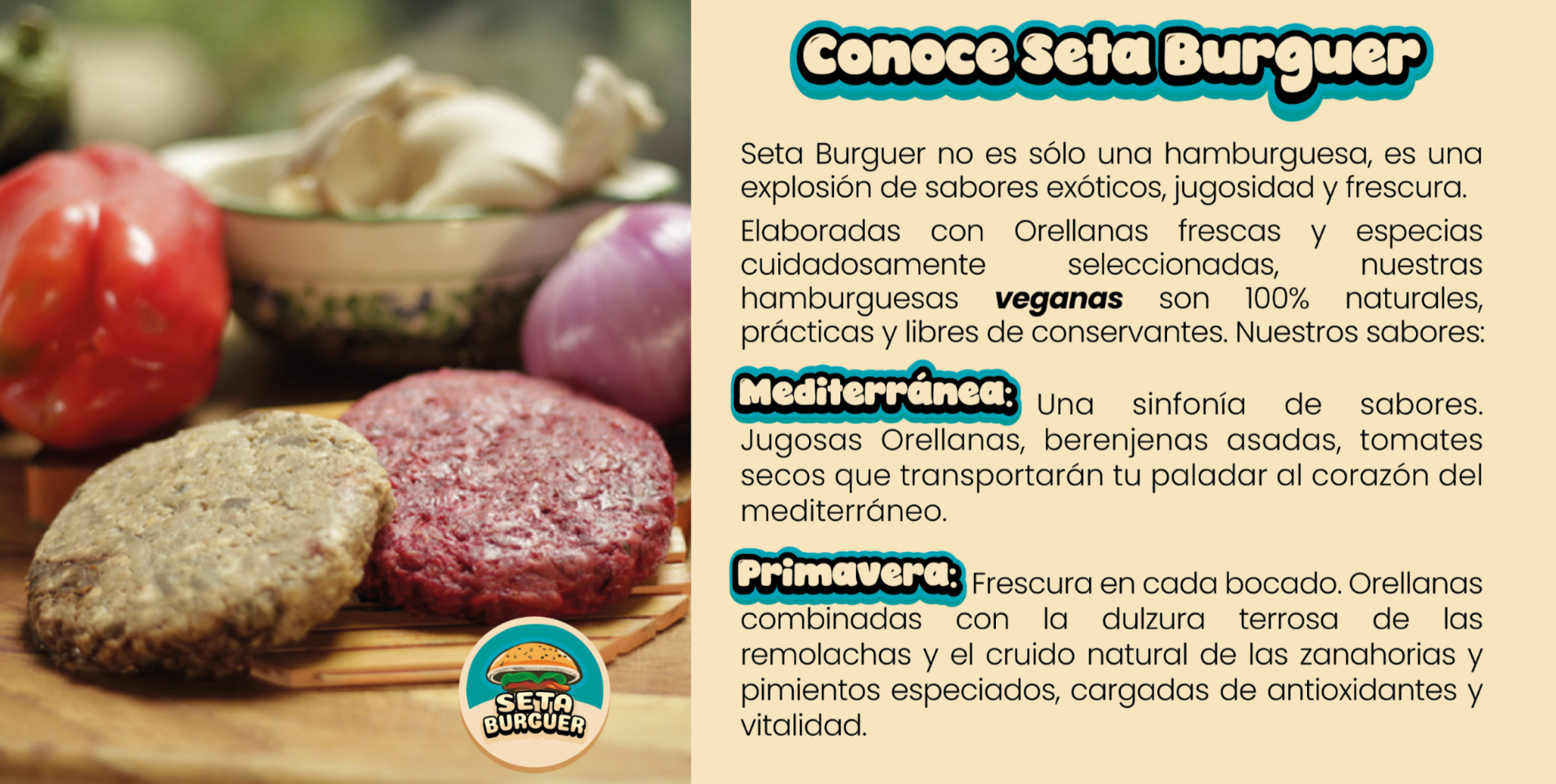 Hamburguesas veganas con orellanas y vegetales orgánicos de Seta Burguer. Envío gratis en Bogotá.